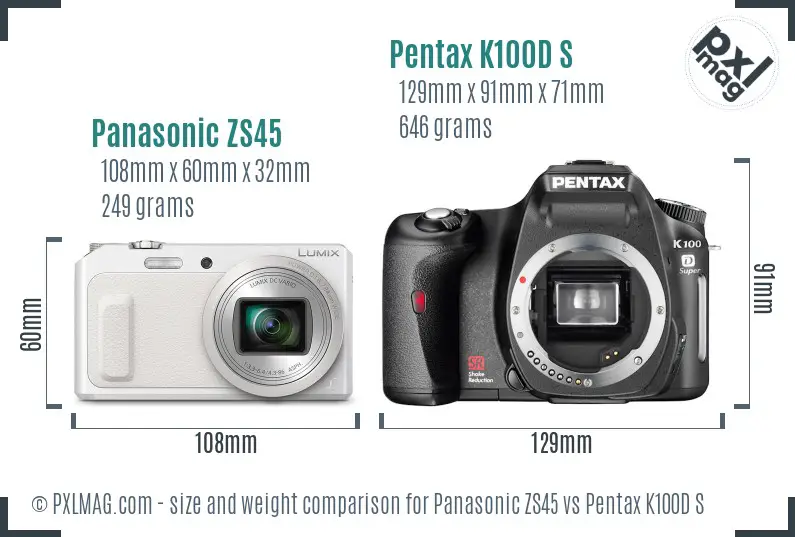 Panasonic ZS45 vs Pentax K100D S size comparison