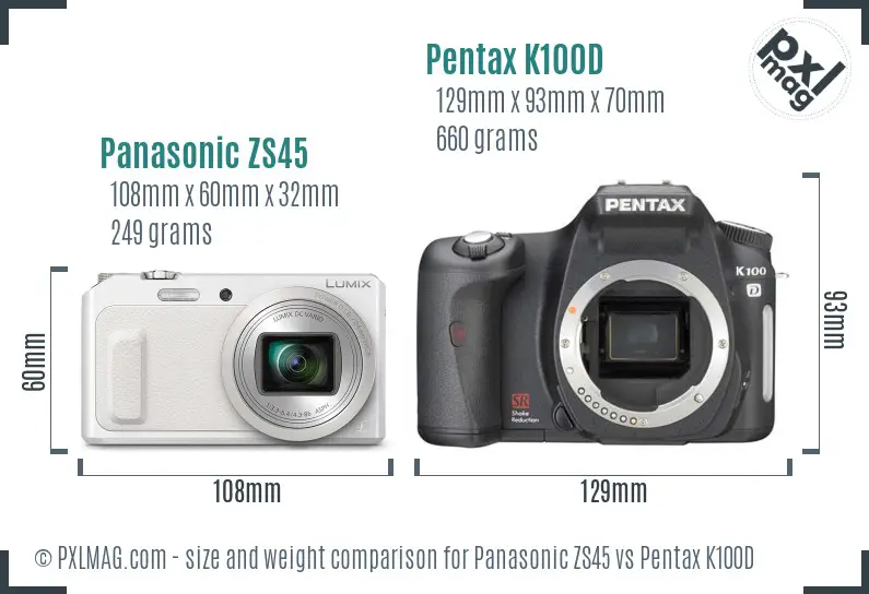 Panasonic ZS45 vs Pentax K100D size comparison