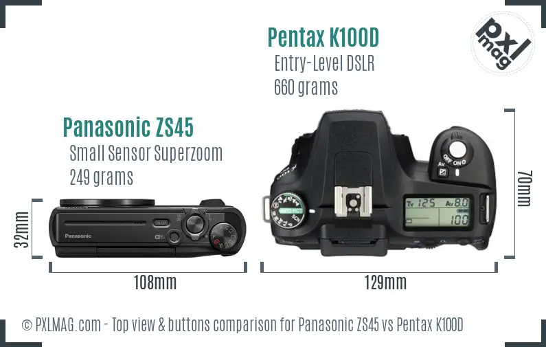 Panasonic ZS45 vs Pentax K100D top view buttons comparison