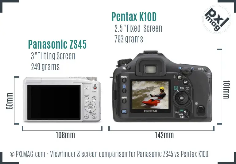 Panasonic ZS45 vs Pentax K10D Screen and Viewfinder comparison