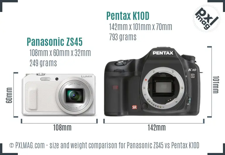 Panasonic ZS45 vs Pentax K10D size comparison