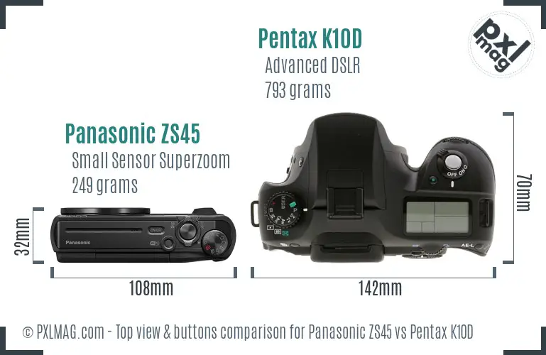 Panasonic ZS45 vs Pentax K10D top view buttons comparison