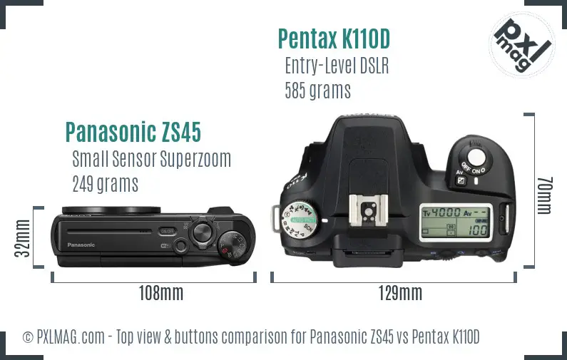 Panasonic ZS45 vs Pentax K110D top view buttons comparison