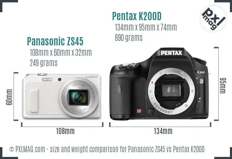 Panasonic ZS45 vs Pentax K200D size comparison