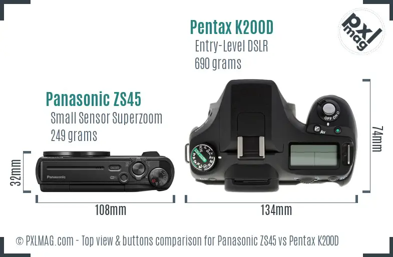 Panasonic ZS45 vs Pentax K200D top view buttons comparison