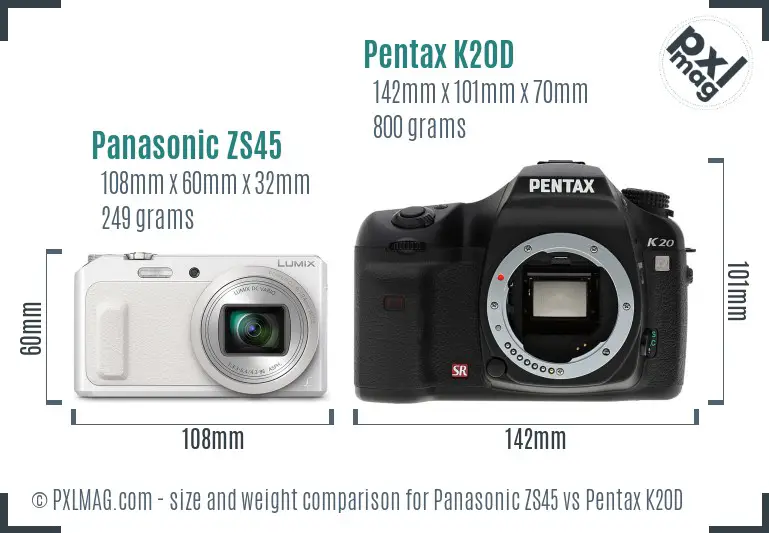 Panasonic ZS45 vs Pentax K20D size comparison