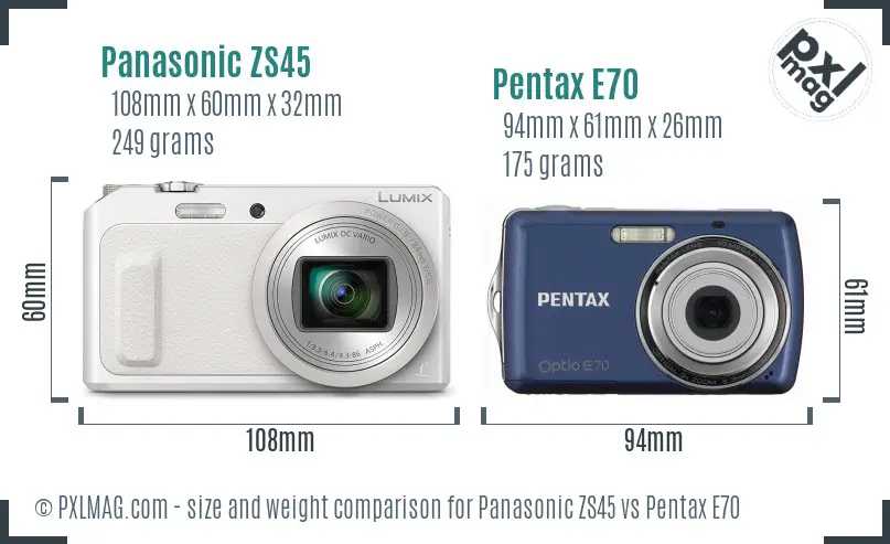 Panasonic ZS45 vs Pentax E70 size comparison