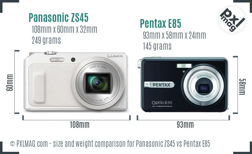 Panasonic ZS45 vs Pentax E85 size comparison