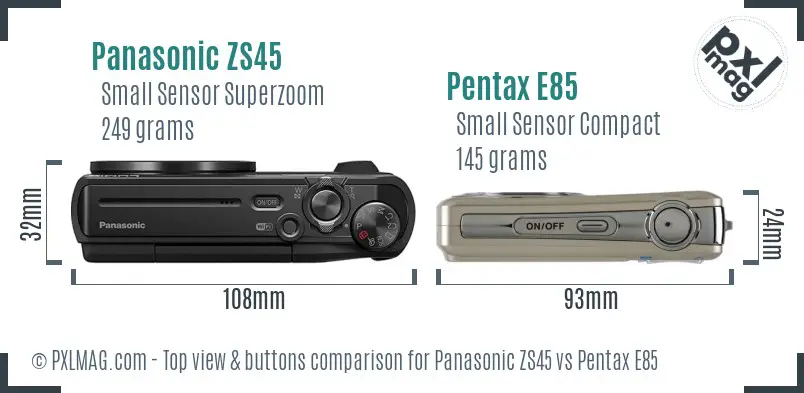 Panasonic ZS45 vs Pentax E85 top view buttons comparison