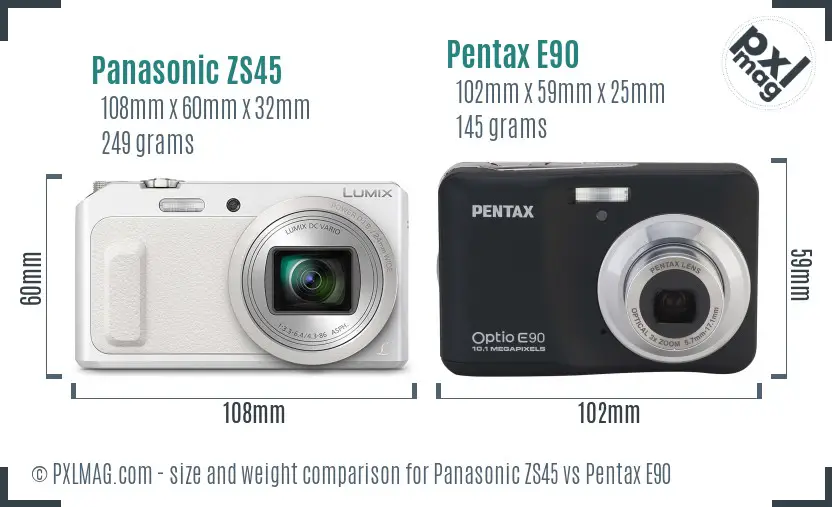 Panasonic ZS45 vs Pentax E90 size comparison