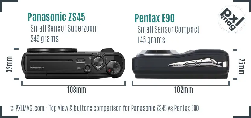 Panasonic ZS45 vs Pentax E90 top view buttons comparison