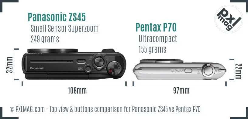 Panasonic ZS45 vs Pentax P70 top view buttons comparison