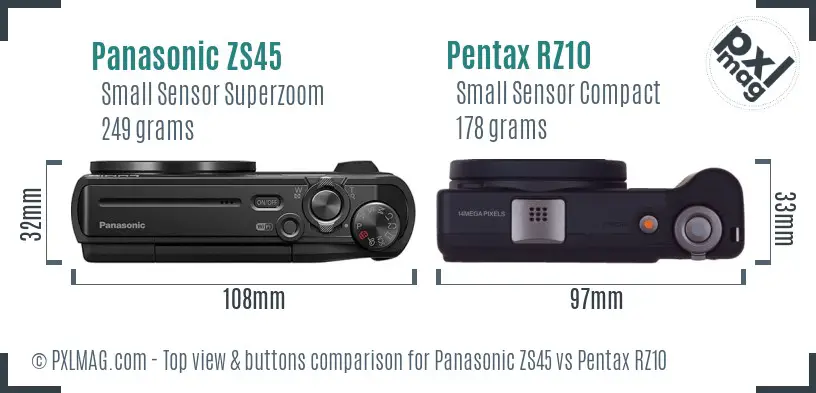Panasonic ZS45 vs Pentax RZ10 top view buttons comparison