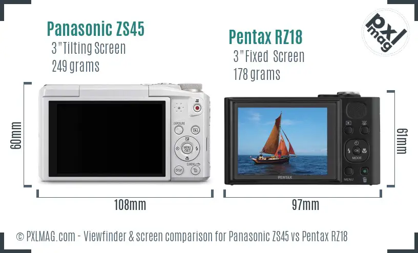 Panasonic ZS45 vs Pentax RZ18 Screen and Viewfinder comparison