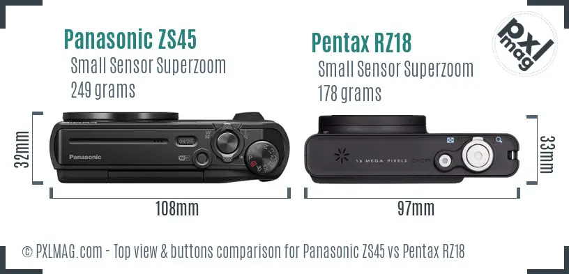 Panasonic ZS45 vs Pentax RZ18 top view buttons comparison