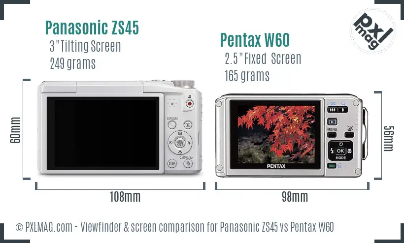 Panasonic ZS45 vs Pentax W60 Screen and Viewfinder comparison