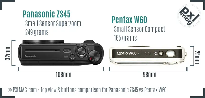 Panasonic ZS45 vs Pentax W60 top view buttons comparison