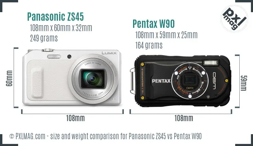 Panasonic ZS45 vs Pentax W90 size comparison