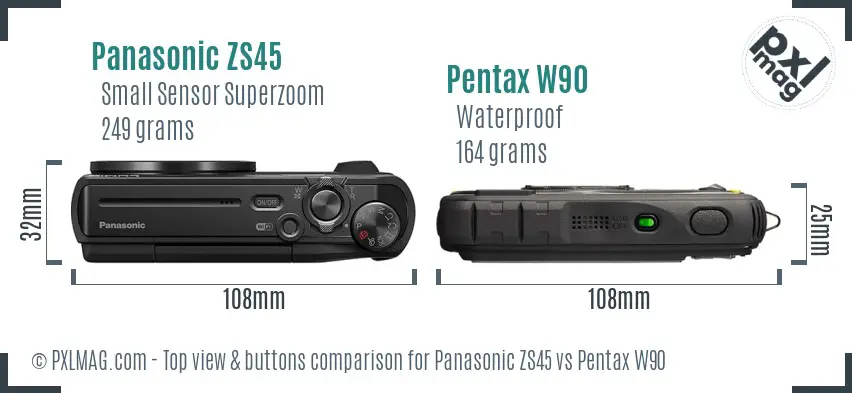 Panasonic ZS45 vs Pentax W90 top view buttons comparison