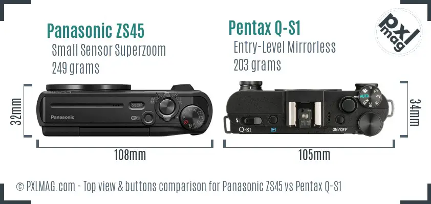 Panasonic ZS45 vs Pentax Q-S1 top view buttons comparison