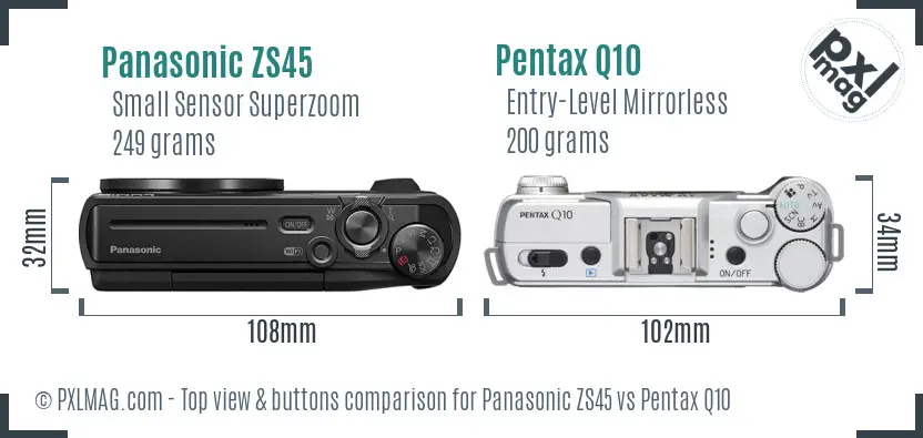 Panasonic ZS45 vs Pentax Q10 top view buttons comparison