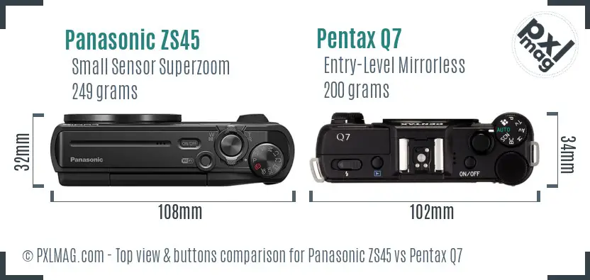 Panasonic ZS45 vs Pentax Q7 top view buttons comparison