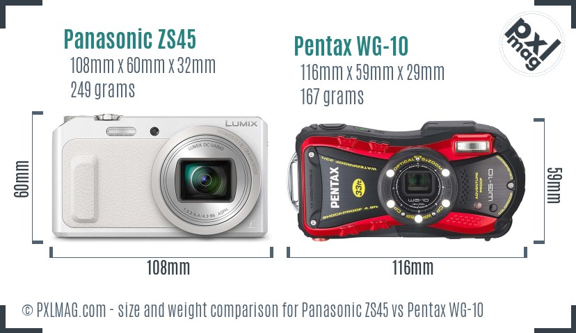 Panasonic ZS45 vs Pentax WG-10 size comparison Panasonic ZS45 vs Pentax WG-10 size comparison