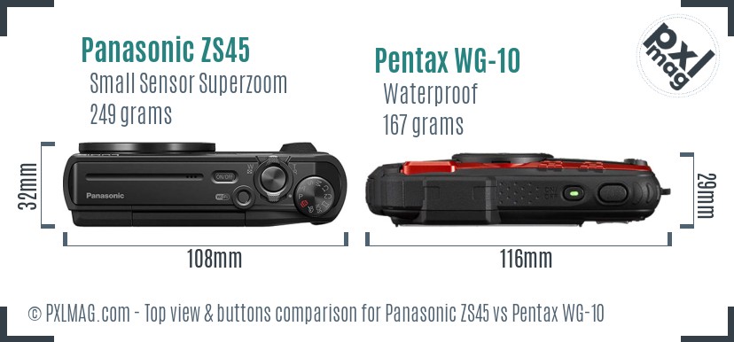 Panasonic ZS45 vs Pentax WG-10 top view buttons comparison