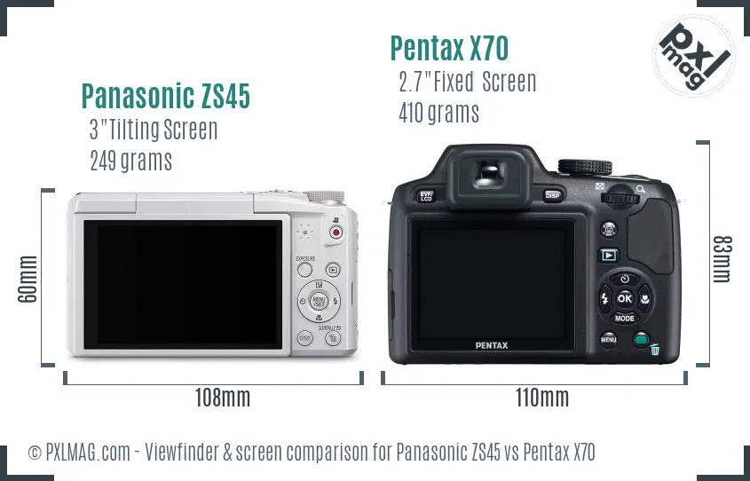 Panasonic ZS45 vs Pentax X70 Screen and Viewfinder comparison