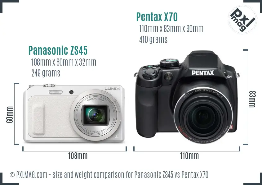 Panasonic ZS45 vs Pentax X70 size comparison