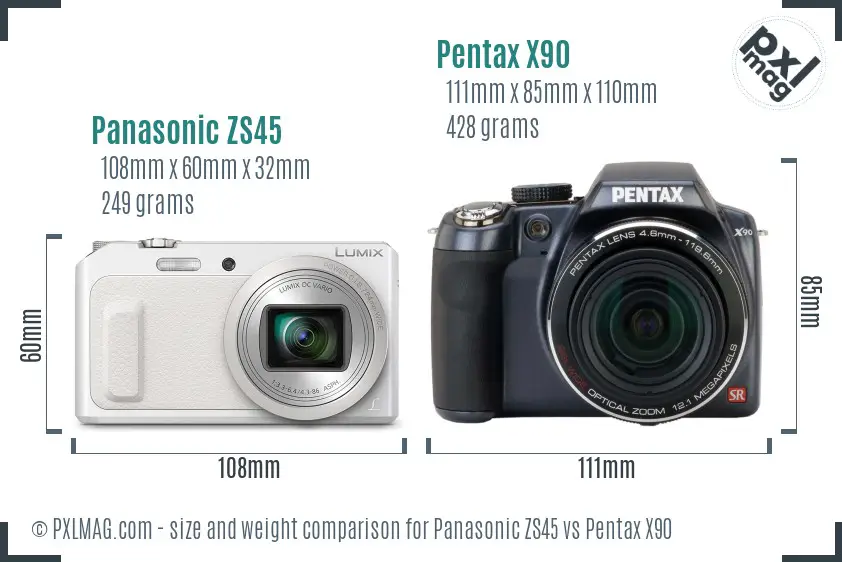 Panasonic ZS45 vs Pentax X90 size comparison