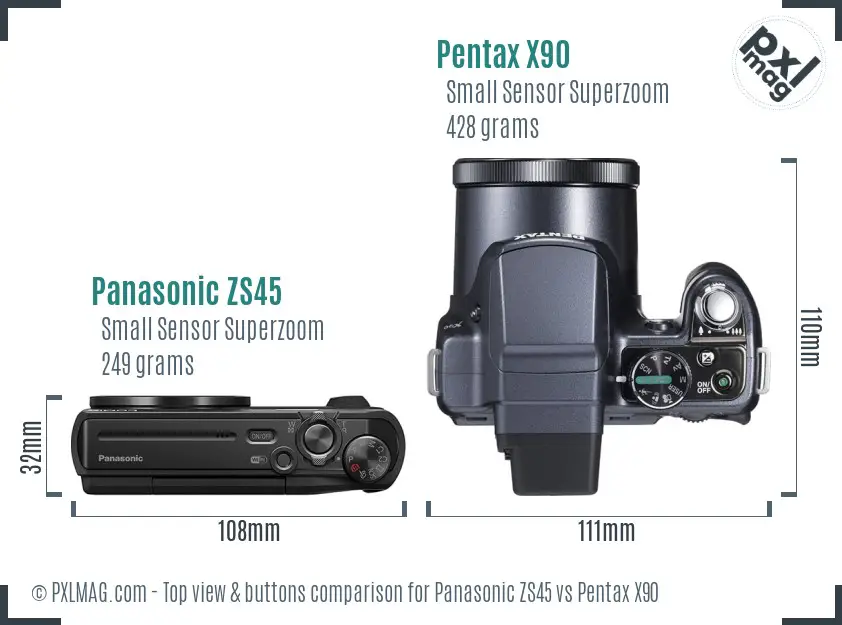 Panasonic ZS45 vs Pentax X90 top view buttons comparison