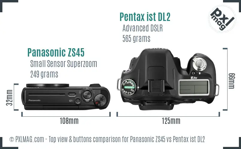 Panasonic ZS45 vs Pentax ist DL2 top view buttons comparison