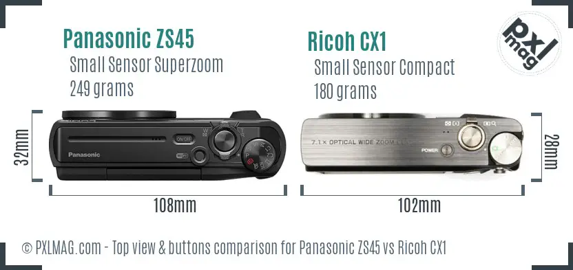Panasonic ZS45 vs Ricoh CX1 top view buttons comparison Panasonic ZS45 vs Ricoh CX1 top view buttons comparison