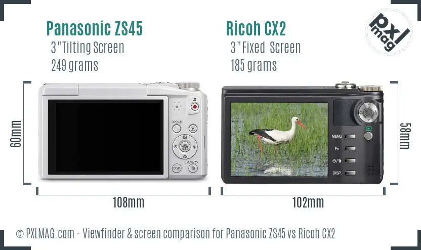 Panasonic ZS45 vs Ricoh CX2 Screen and Viewfinder comparison