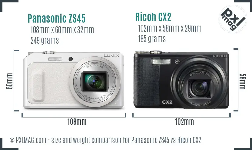Panasonic ZS45 vs Ricoh CX2 size comparison