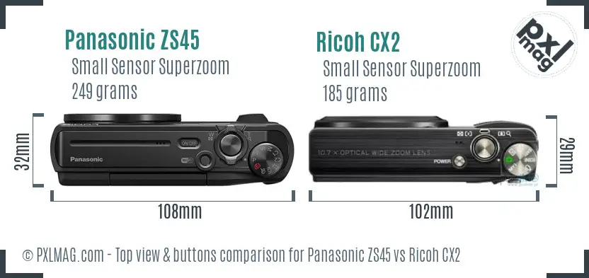 Panasonic ZS45 vs Ricoh CX2 top view buttons comparison