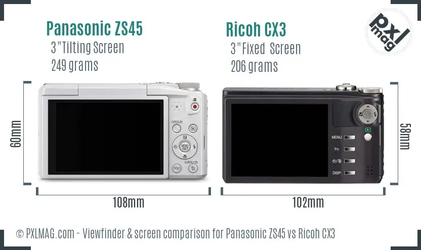 Panasonic ZS45 vs Ricoh CX3 Screen and Viewfinder comparison