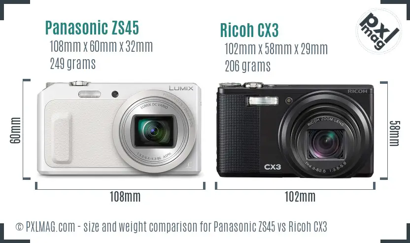 Panasonic ZS45 vs Ricoh CX3 size comparison