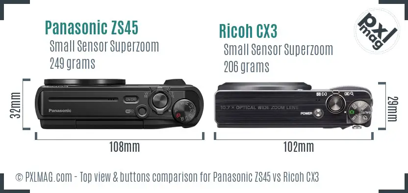 Panasonic ZS45 vs Ricoh CX3 top view buttons comparison