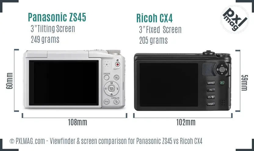 Panasonic ZS45 vs Ricoh CX4 Screen and Viewfinder comparison
