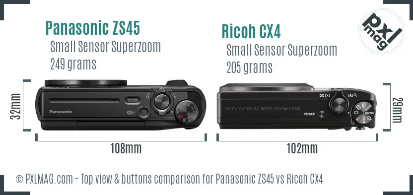 Panasonic ZS45 vs Ricoh CX4 top view buttons comparison