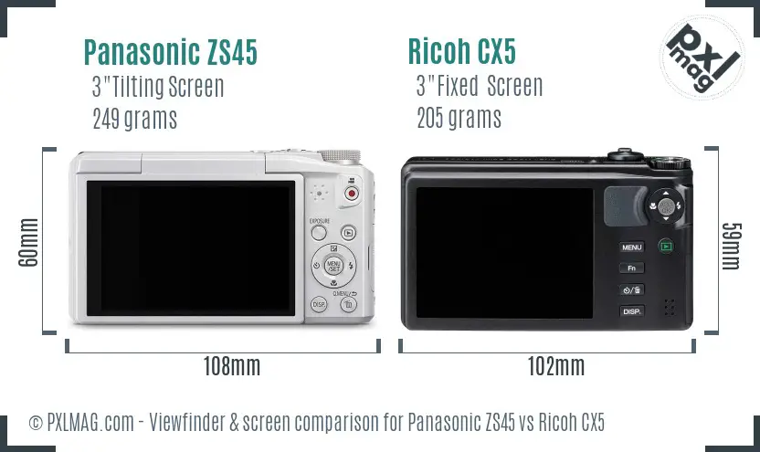 Panasonic ZS45 vs Ricoh CX5 Screen and Viewfinder comparison