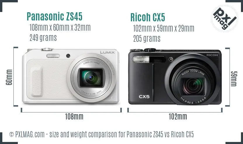 Panasonic ZS45 vs Ricoh CX5 size comparison