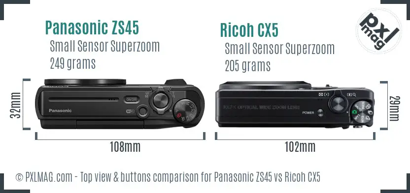 Panasonic ZS45 vs Ricoh CX5 top view buttons comparison