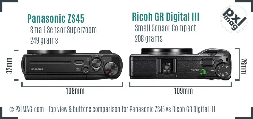 Panasonic ZS45 vs Ricoh GR Digital III top view buttons comparison Panasonic ZS45 vs Ricoh GR Digital III top view buttons comparison