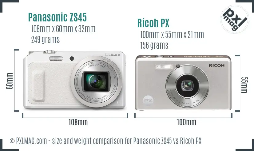 Panasonic ZS45 vs Ricoh PX size comparison