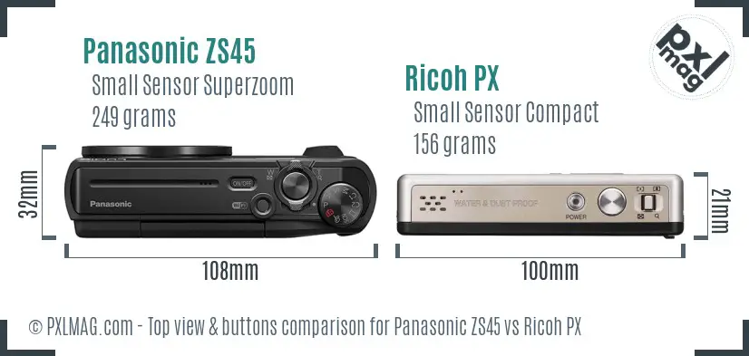 Panasonic ZS45 vs Ricoh PX top view buttons comparison