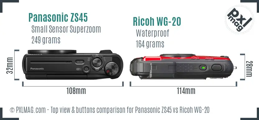 Panasonic ZS45 vs Ricoh WG-20 top view buttons comparison