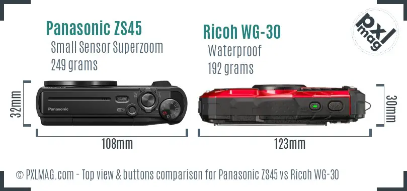 Panasonic ZS45 vs Ricoh WG-30 top view buttons comparison